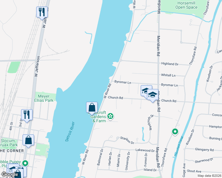 map of restaurants, bars, coffee shops, grocery stores, and more near 21319 West River Road in Grosse Ile Township