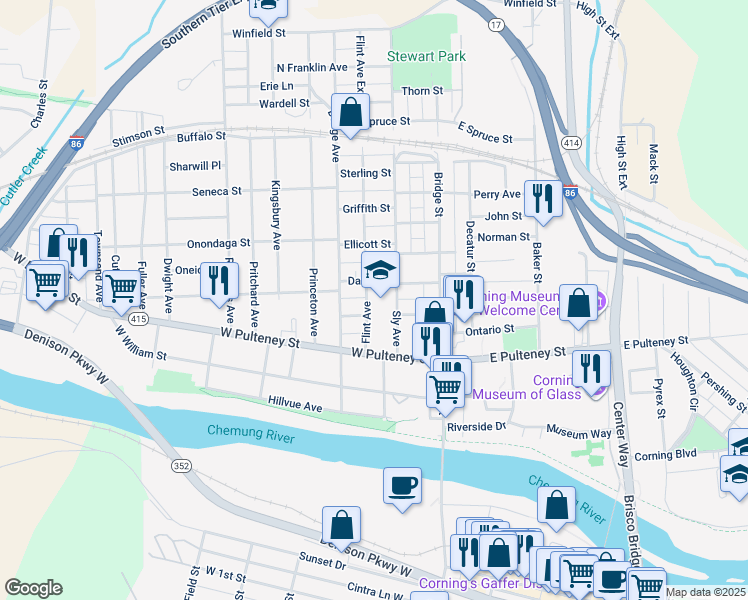 map of restaurants, bars, coffee shops, grocery stores, and more near 164 Flint Avenue in Corning