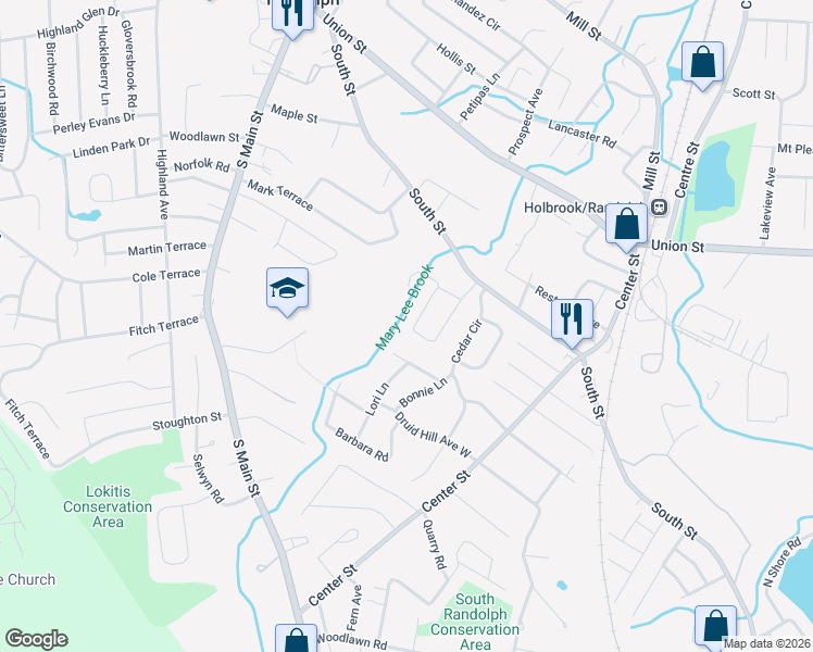 map of restaurants, bars, coffee shops, grocery stores, and more near 24 McDonnell Drive in Randolph