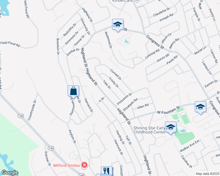 map of restaurants, bars, coffee shops, grocery stores, and more near 14 Yale Drive in Milford