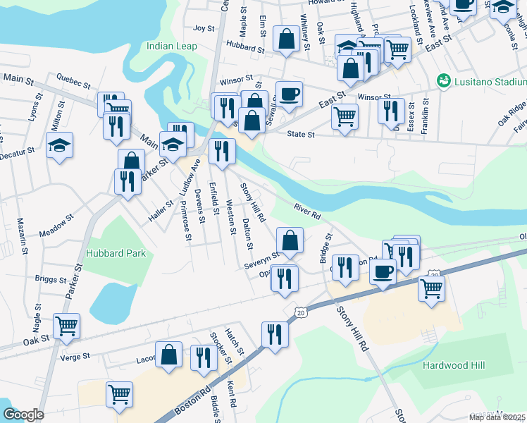 map of restaurants, bars, coffee shops, grocery stores, and more near 36 Stony Hill Road in Wilbraham