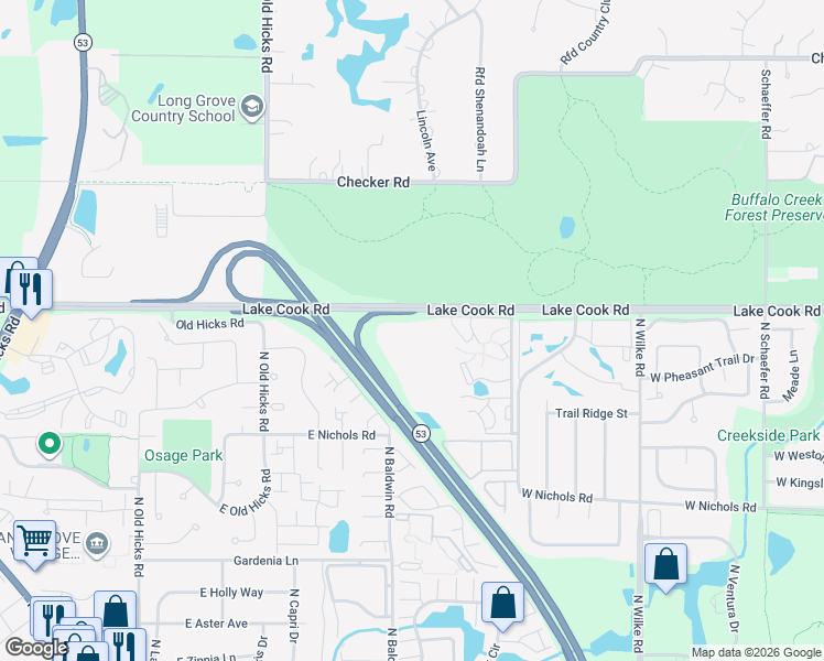 map of restaurants, bars, coffee shops, grocery stores, and more near 4214 Bonhill Drive in Arlington Heights
