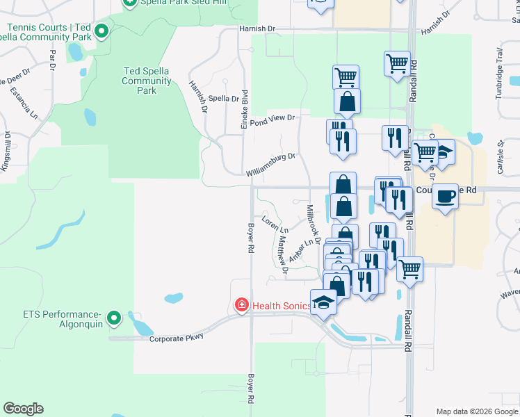 map of restaurants, bars, coffee shops, grocery stores, and more near 2666 Loren Court in Algonquin