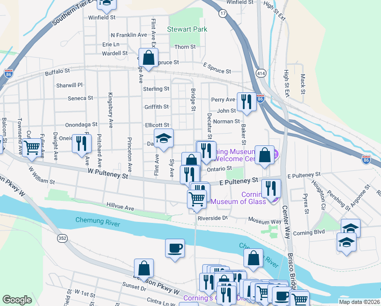 map of restaurants, bars, coffee shops, grocery stores, and more near 165 Bridge Street in Corning