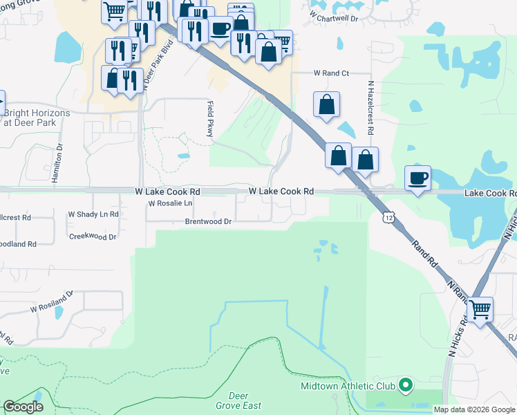 map of restaurants, bars, coffee shops, grocery stores, and more near 66 Brentwood Drive in Palatine