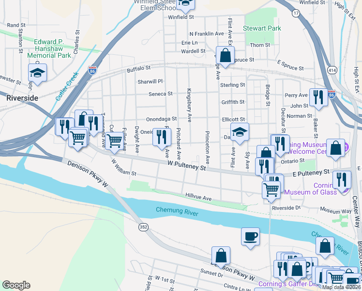 map of restaurants, bars, coffee shops, grocery stores, and more near 114 Pritchard Avenue in Corning