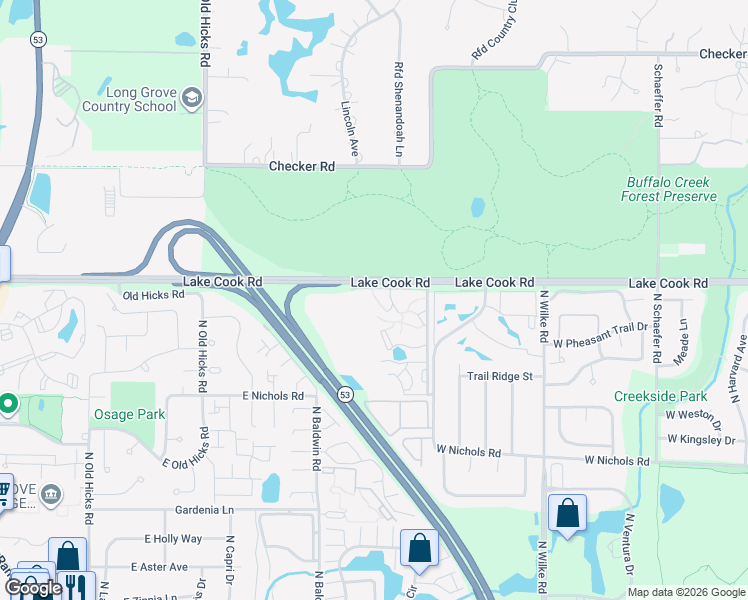 map of restaurants, bars, coffee shops, grocery stores, and more near 2330 West Nichols Road in Arlington Heights