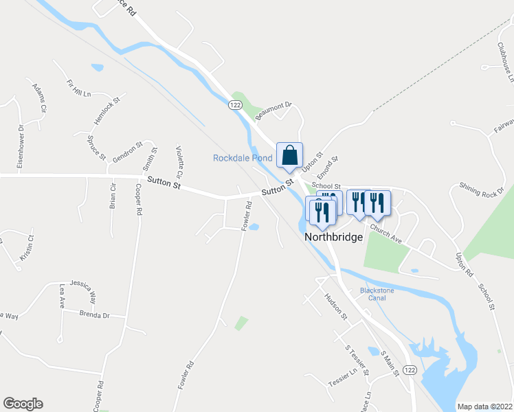 map of restaurants, bars, coffee shops, grocery stores, and more near 17 Fowler Road in Northbridge