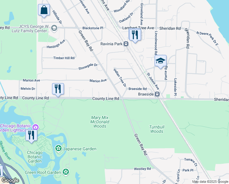 map of restaurants, bars, coffee shops, grocery stores, and more near 40 Green Bay Road in Highland Park