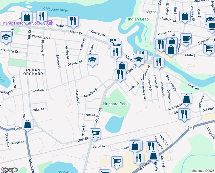 map of restaurants, bars, coffee shops, grocery stores, and more near 126 Parker Street in Springfield