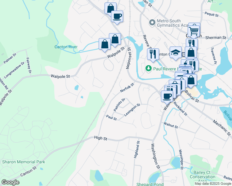 map of restaurants, bars, coffee shops, grocery stores, and more near 73 Norfolk Street in Canton