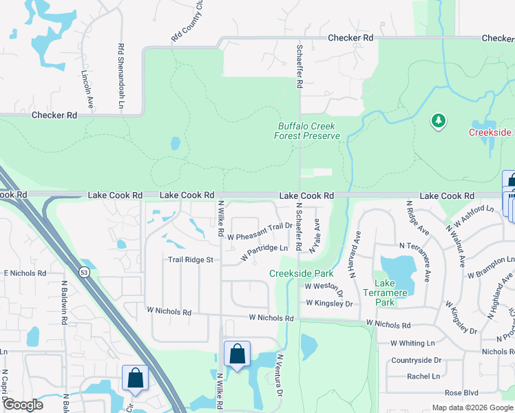 map of restaurants, bars, coffee shops, grocery stores, and more near 1603 West Hawkes Street in Arlington Heights