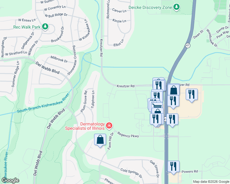 map of restaurants, bars, coffee shops, grocery stores, and more near Kreutzer Road in Huntley