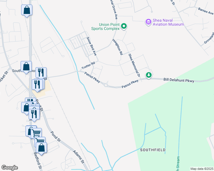 map of restaurants, bars, coffee shops, grocery stores, and more near 10 Patriot Parkway in Weymouth