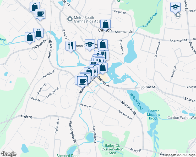 map of restaurants, bars, coffee shops, grocery stores, and more near 569 Washington Street in Canton