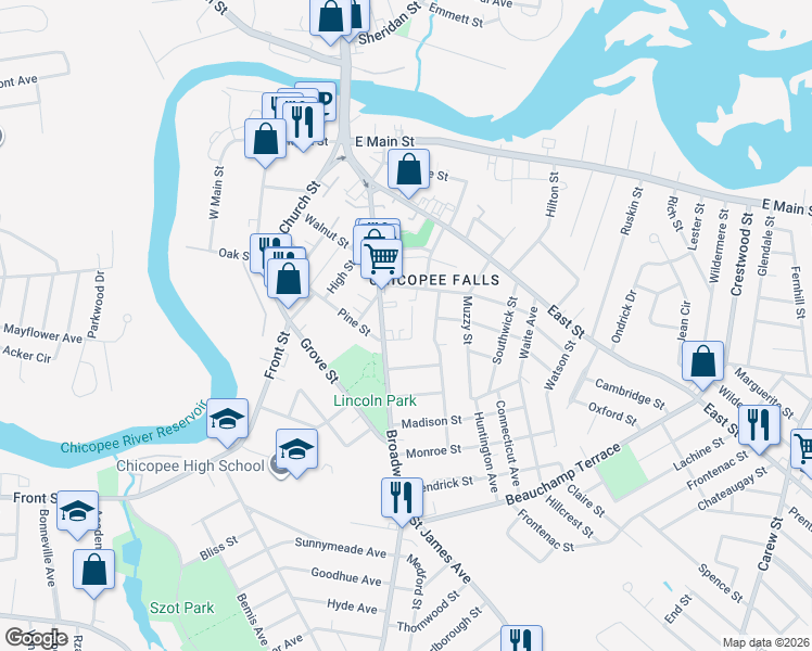 map of restaurants, bars, coffee shops, grocery stores, and more near 37 Alvord Avenue in Chicopee