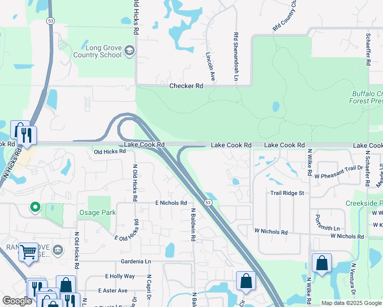 map of restaurants, bars, coffee shops, grocery stores, and more near 4259 Jennifer Lane in Arlington Heights