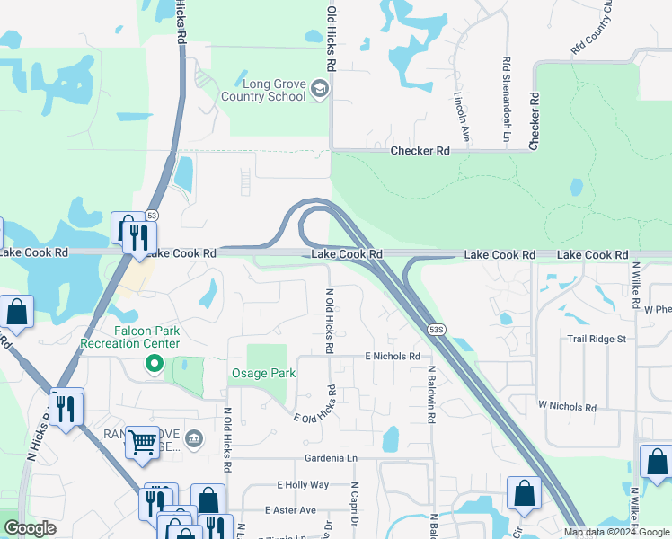 map of restaurants, bars, coffee shops, grocery stores, and more near 2341 East Old Hicks Road in Palatine