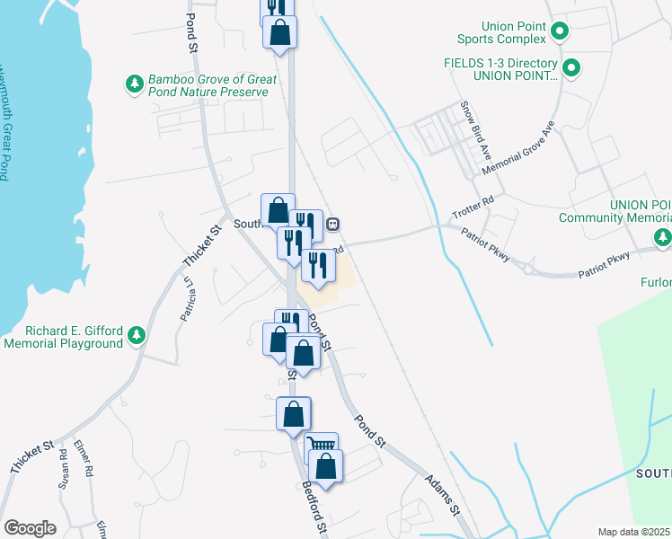 map of restaurants, bars, coffee shops, grocery stores, and more near 1500 Main Street in Weymouth