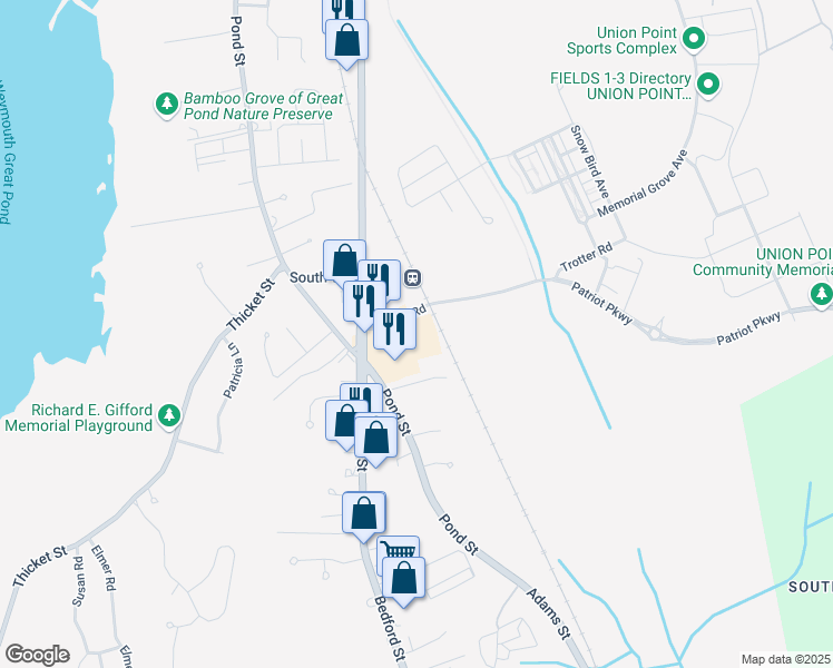 map of restaurants, bars, coffee shops, grocery stores, and more near 1500 Main Street in Weymouth