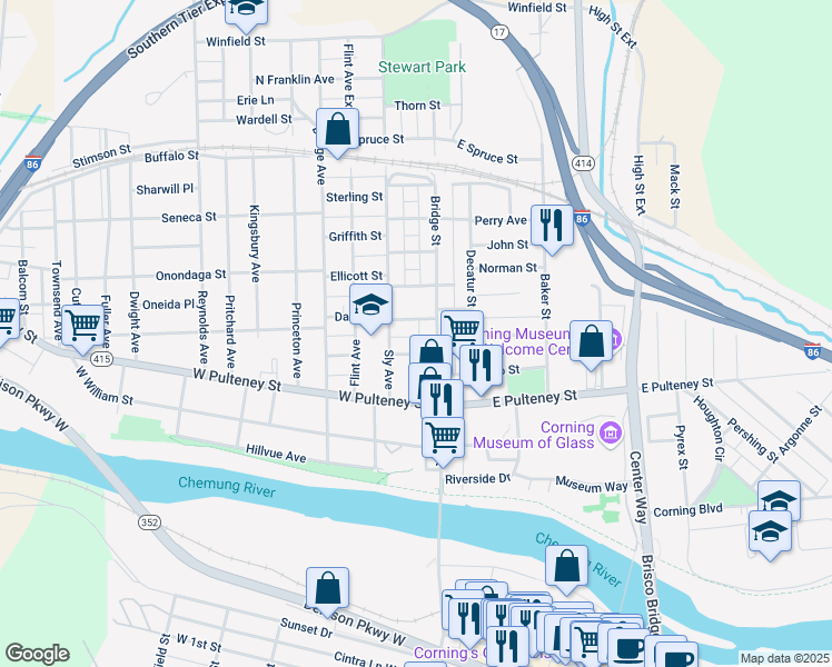 map of restaurants, bars, coffee shops, grocery stores, and more near 16 Moresque Lane in Corning