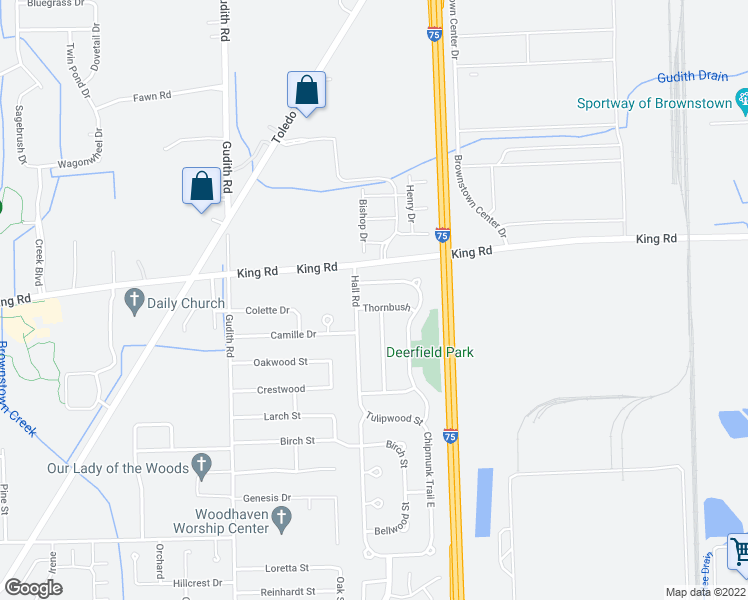 map of restaurants, bars, coffee shops, grocery stores, and more near 21708 Thornbush in Trenton