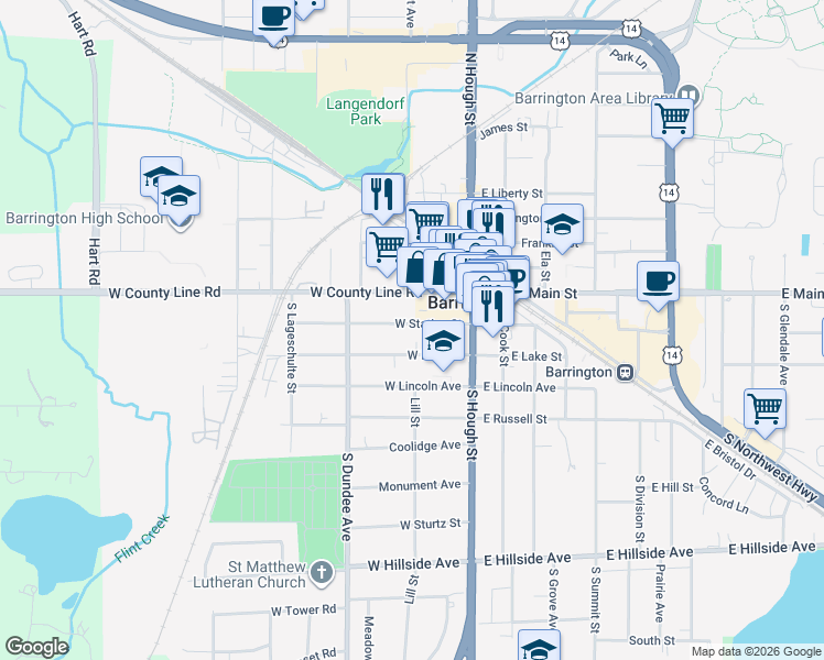 map of restaurants, bars, coffee shops, grocery stores, and more near 201 West Station Street in Barrington