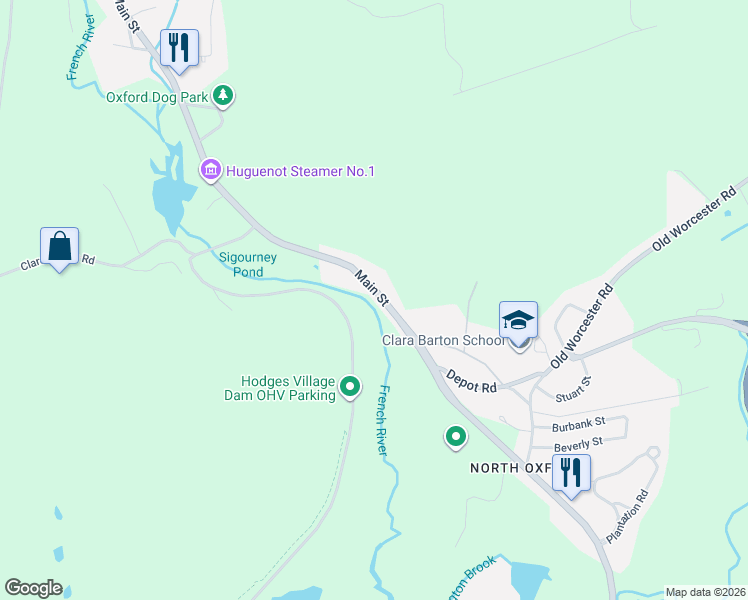 map of restaurants, bars, coffee shops, grocery stores, and more near 613 Main Street in Oxford
