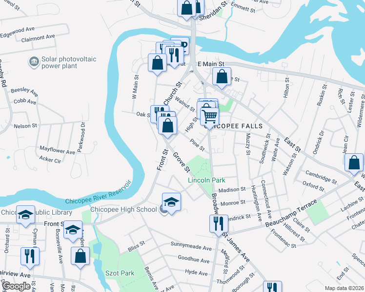 map of restaurants, bars, coffee shops, grocery stores, and more near 225 Grove Street in Chicopee