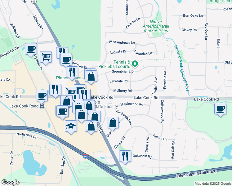 map of restaurants, bars, coffee shops, grocery stores, and more near 109 Mulberry Road in Deerfield
