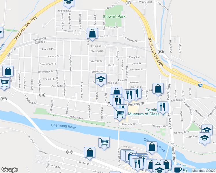 map of restaurants, bars, coffee shops, grocery stores, and more near 160 Sly Avenue Extension in Corning