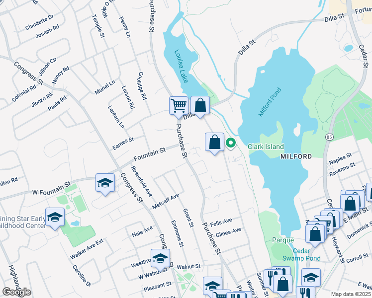 map of restaurants, bars, coffee shops, grocery stores, and more near 73 Purchase Street in Milford