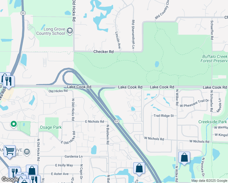 map of restaurants, bars, coffee shops, grocery stores, and more near 4220 Bonhill Drive in Arlington Heights
