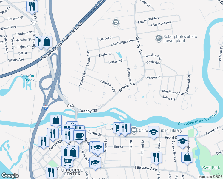 map of restaurants, bars, coffee shops, grocery stores, and more near 172 Lawrence Road in Chicopee