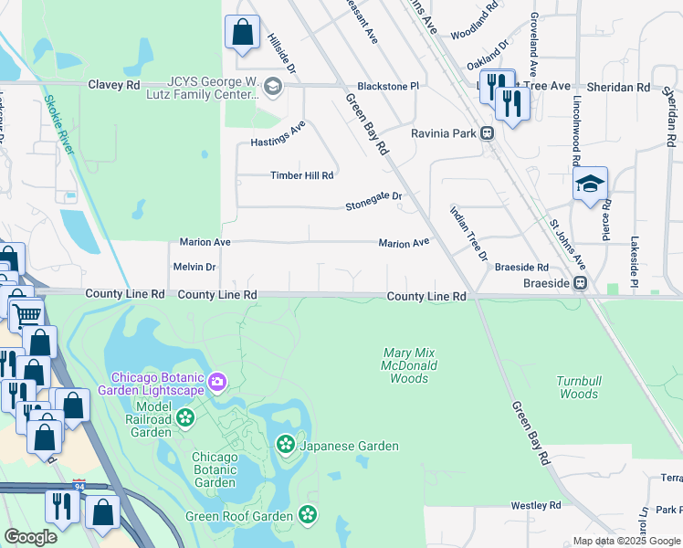 map of restaurants, bars, coffee shops, grocery stores, and more near 25 Barnard Lane in Highland Park