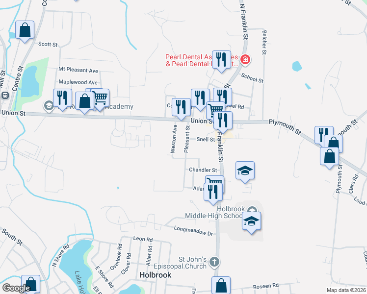 map of restaurants, bars, coffee shops, grocery stores, and more near 55 Pleasant Street in Holbrook