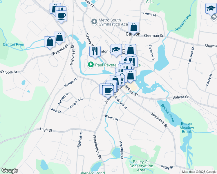 map of restaurants, bars, coffee shops, grocery stores, and more near 31 Church Street in Canton