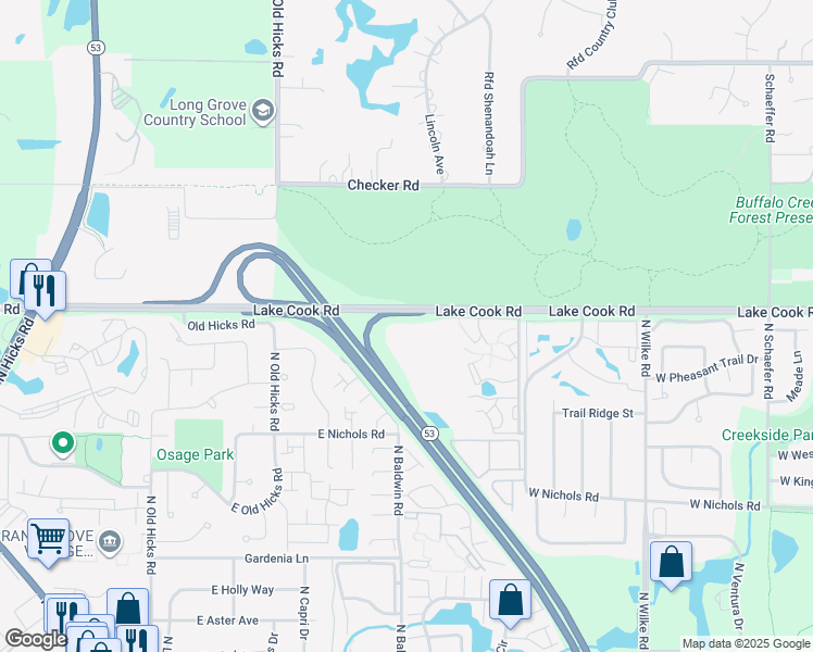 map of restaurants, bars, coffee shops, grocery stores, and more near 4259 Jennifer Lane in Arlington Heights