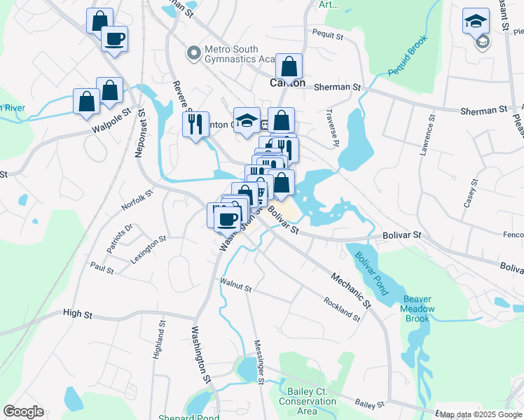 map of restaurants, bars, coffee shops, grocery stores, and more near 569 Washington Street in Canton