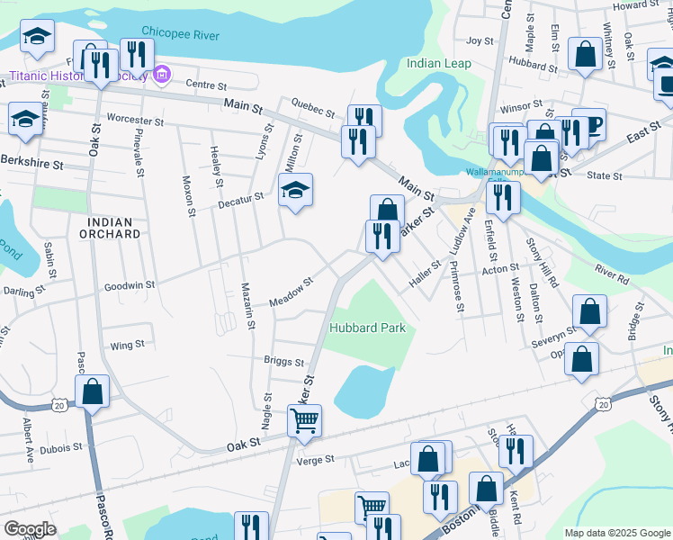 map of restaurants, bars, coffee shops, grocery stores, and more near 126 Parker Street in Springfield