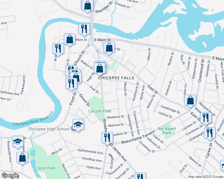 map of restaurants, bars, coffee shops, grocery stores, and more near 37 Alvord Avenue in Chicopee