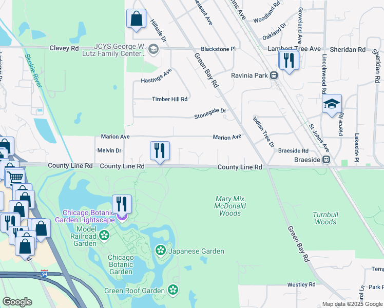 map of restaurants, bars, coffee shops, grocery stores, and more near 25 Barnard Lane in Highland Park