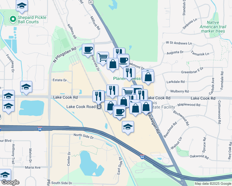 map of restaurants, bars, coffee shops, grocery stores, and more near 401 Lake Cook Road in Deerfield