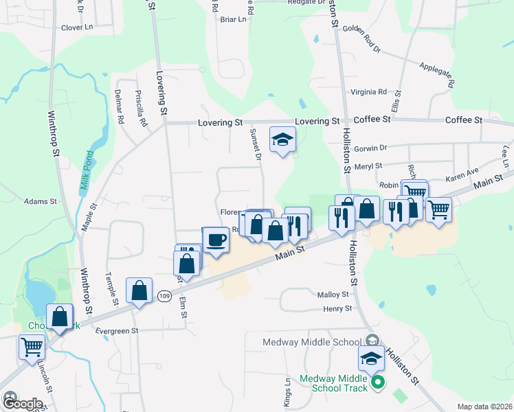map of restaurants, bars, coffee shops, grocery stores, and more near 2 Florence Circle in Medway