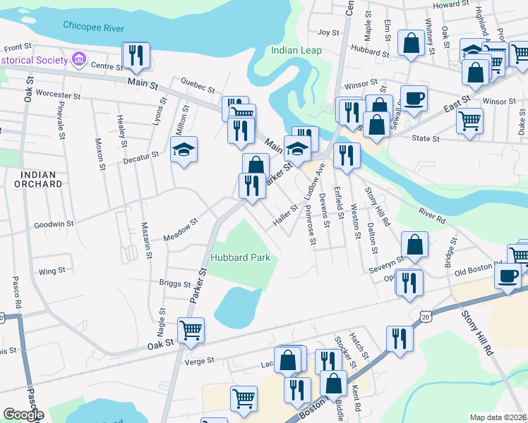 map of restaurants, bars, coffee shops, grocery stores, and more near 29 Rapalus Street in Springfield