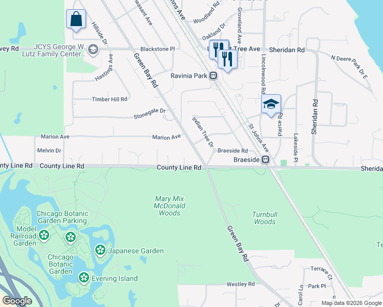 map of restaurants, bars, coffee shops, grocery stores, and more near 40 Green Bay Road in Highland Park