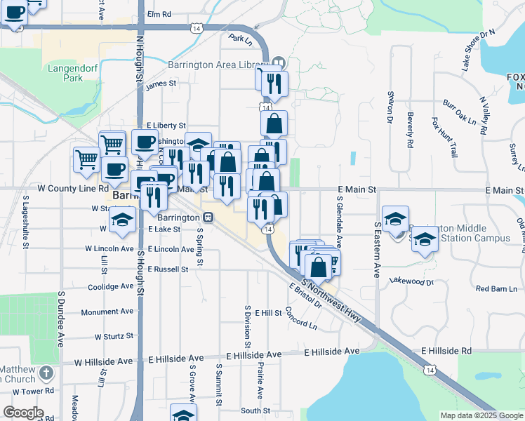 map of restaurants, bars, coffee shops, grocery stores, and more near 121 South Northwest Highway in Barrington