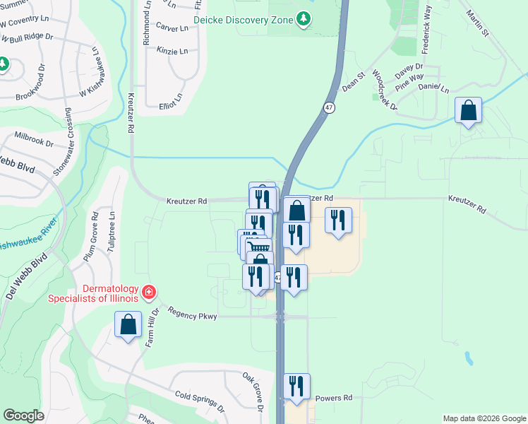 map of restaurants, bars, coffee shops, grocery stores, and more near 12080 Princeton Drive in Huntley