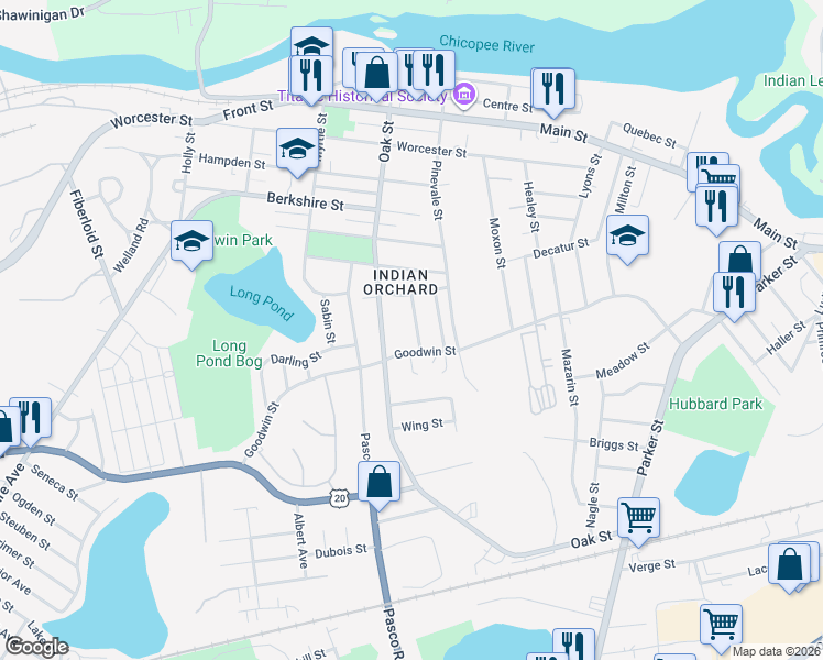 map of restaurants, bars, coffee shops, grocery stores, and more near 326 Goodwin Street in Springfield