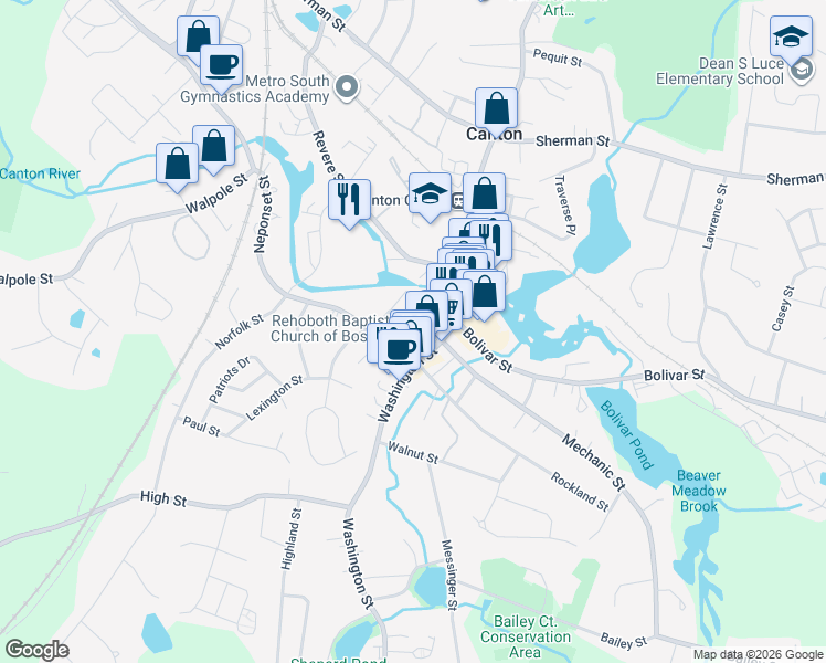 map of restaurants, bars, coffee shops, grocery stores, and more near 15 Church Street in Canton